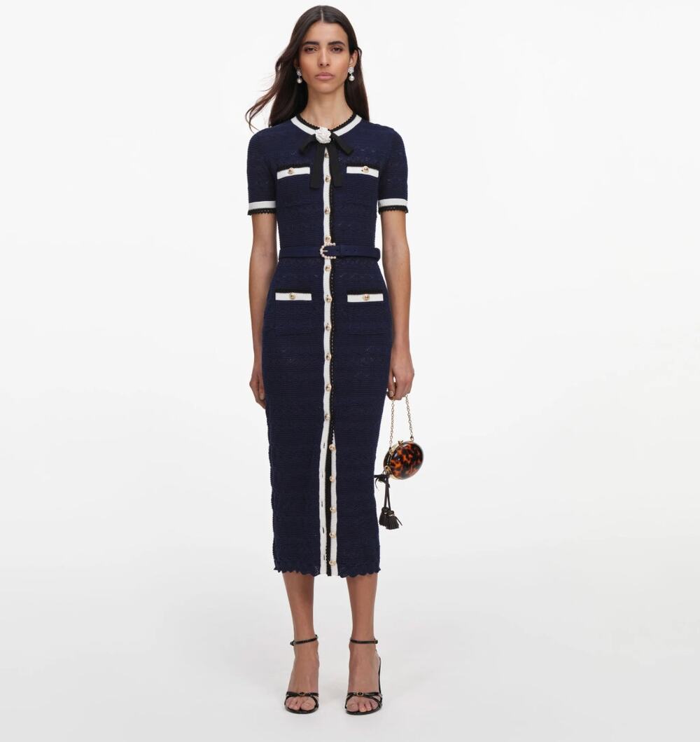 Self-Portrait Navy Pointelle Knit Midi Dress